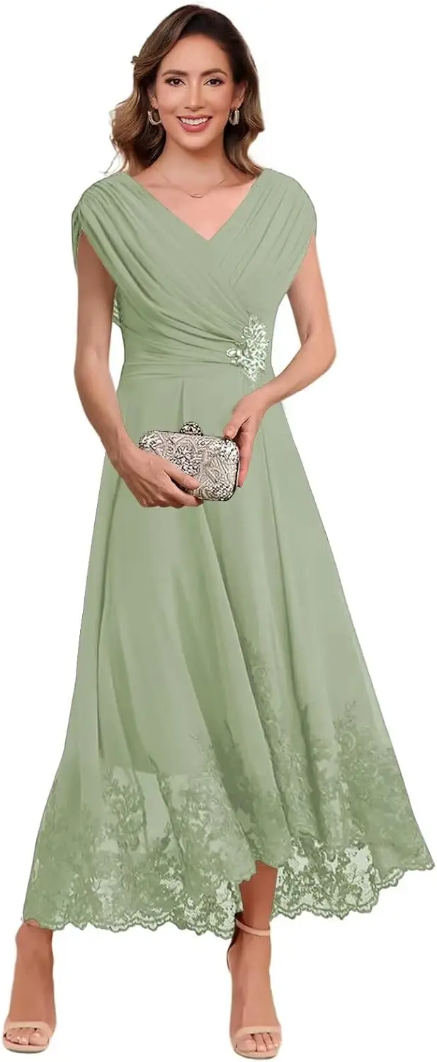 فساتين أم العروس بأكمام قصيرة على شكل حرف A للنساء فستان سهرة رسمي من الشيفون مزين بالدانتيل