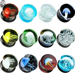 2pcs Color Ocean Jellyfish Glass Ear Plugs and Tunnel Dual Horn Earbuds Tunnel Extender Stretch Expander Earring Piercing Oreja