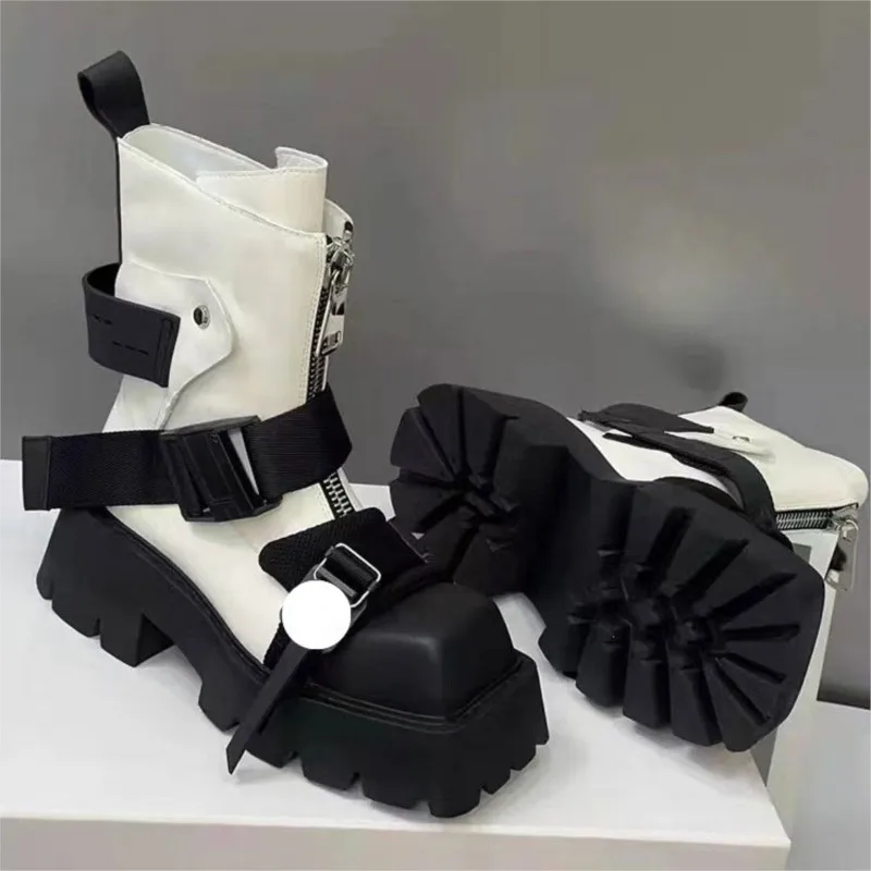 

2025 New Chunky Platform Combat Boots Women's Square Toe Mid-Calf Black Motorcycle Ankle Boots Fleece Lined Fall Spring Trendy