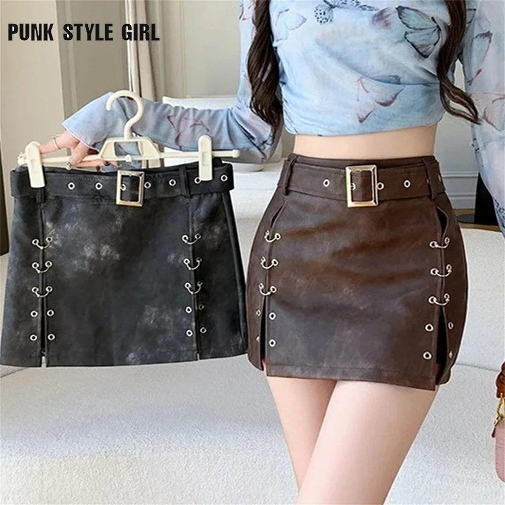 2025 Damen Kaffee A-Linie PU Lederrock Vintage Streetwear 90er Jahre Ästhetik Y2k Sommer Harajuku Koreanischer Minirock 2000er Jahre Kleidung