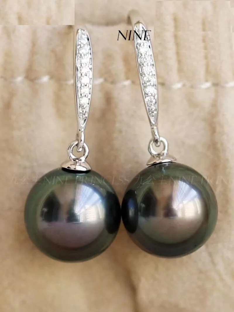 PAIR 9-10MM SOUTH SEA TAHITIAN BLACK PERFECT ROUND DANGLE PEARL EARRING AAA pearl earrings sterling silver