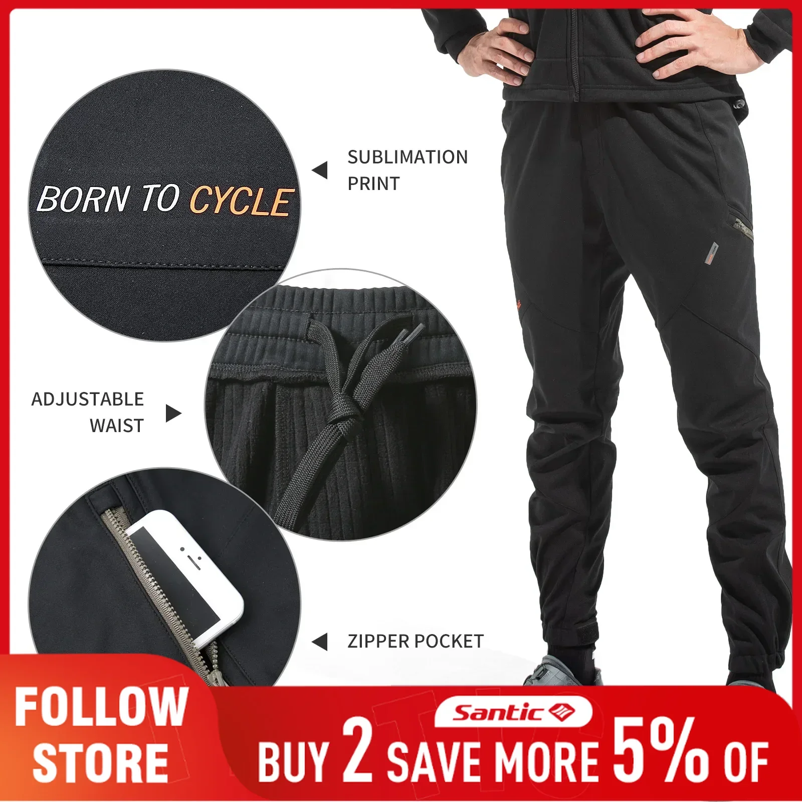 

Santic Casual Cycling Pants Men's Winter Outdoor No Pad Windproof Sports Trousers Adjust Waist Reflective Commuter Bicycle Pants