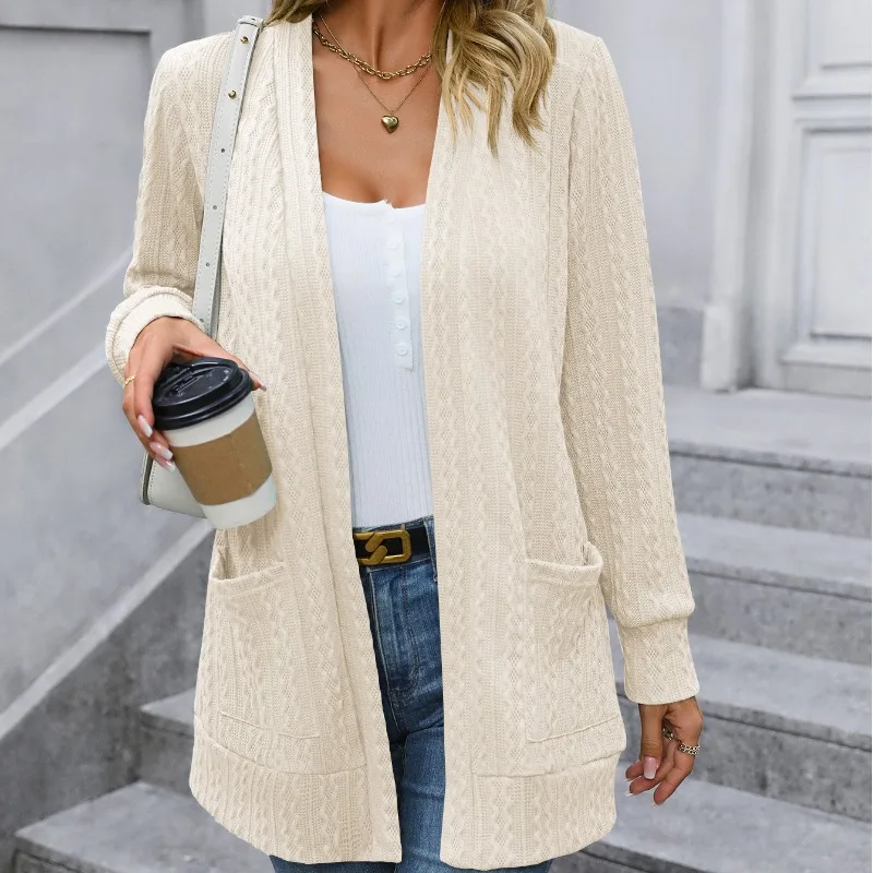 Autumn and Winter Women's Coat Long Sleeve Solid Loose Mid Length Spiral Sweater Cardigan Fashion Casual Commuter Pockets Tops