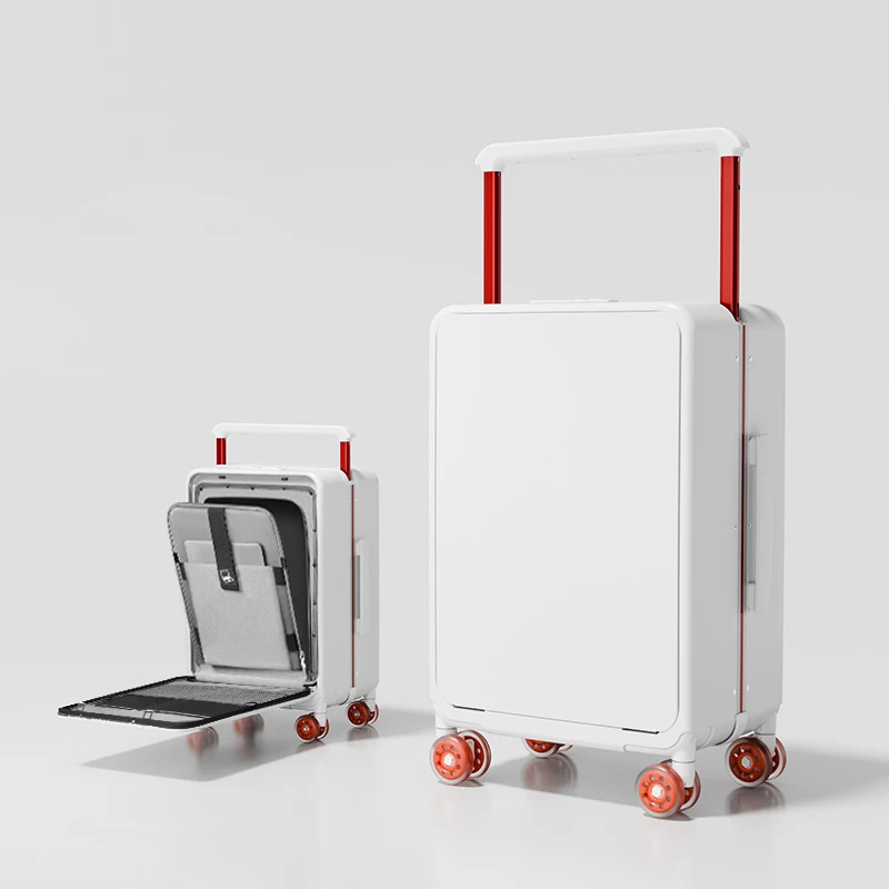 

Чемодан для ноутбука с фронтальным открытием, широкой ручкой, алюминиевой рамой и разноцветными колесами-спиннерами, на колесиках