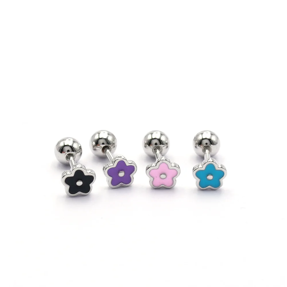 

Fashion Korean Style Purple Blue Oil Small Flowers Design Stianles Steel Stud Earrings For Women Girls 20G*6MM