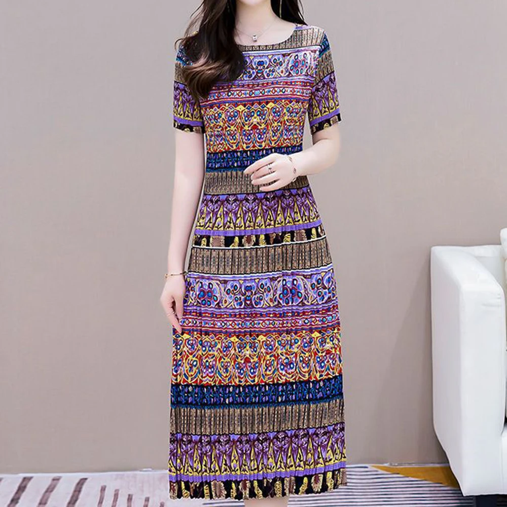 Printed pleated dress summer 2025 fashion new ethnic style slim fit and slimming mid length A-line  LOOSE FIT