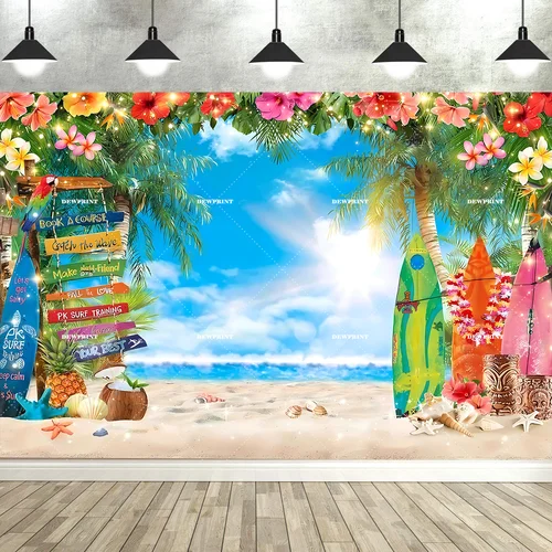 Imagen 2 del producto Fondo de fotografía de playa hawaiana de verano, fondo de tabla de surf con hojas de palma y flores tropicales para fotomatón de fiesta Luau Aloha