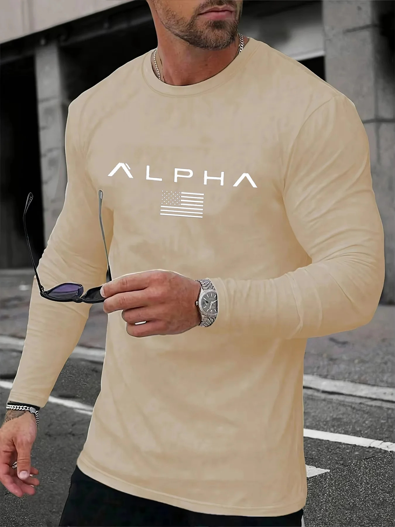 تي شيرت رجالي أساسي لخريف وشتاء 2026 مريح غير رسمي رياضي سويسري مطبوع برقبة دائرية وأكمام طويلة ملابس دافئة #1