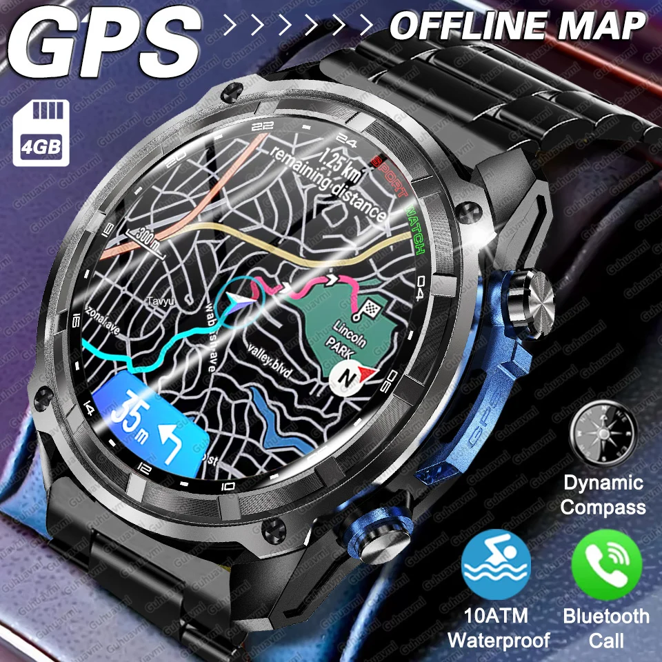 

2026New Men Military GPS Offline Map Smart Watch Compass 4GB Memory 1000mAh Battery 10ATM Waterproof Swim Sport Call Smartwatch