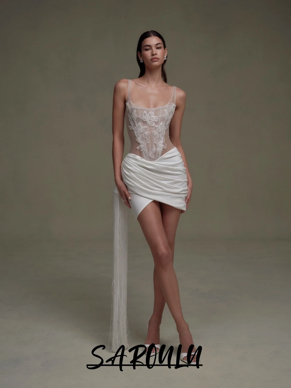 

Modern Minimalist Short Wedding Dress With Sheer Lace Corset Sexy Backless Fringe Detail Unique Drape Charming Bridal Gown