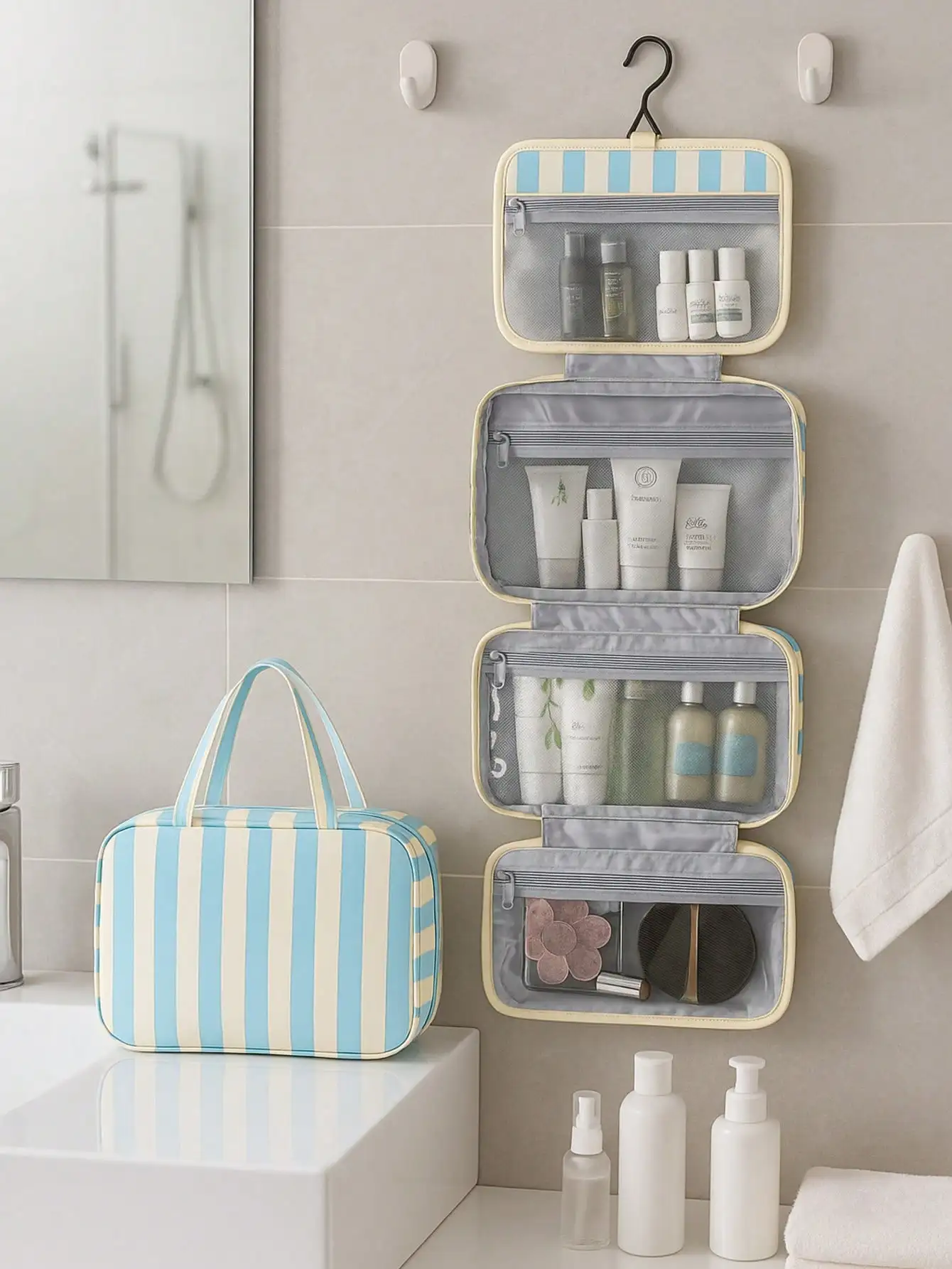 

Multi-Functional Four-Fold Toiletry Bag With Hook, Portable Travel Makeup Organizer Pouch, Suitable For Storing Cosmetics, Medicines, Shampoo, Bathroom Supplies, Ideal For Business Travel, Vacation And Daily Use. Travel Toiletry Bag, Large Capacity Bathro