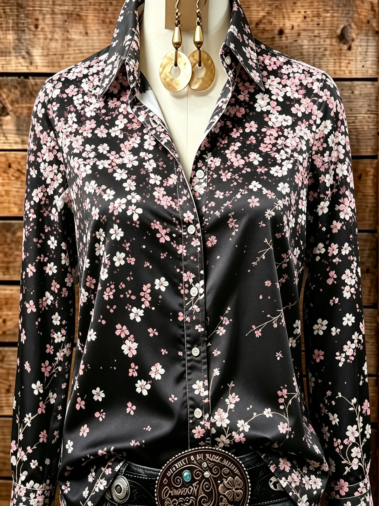 Women Blue Floral Graphic Printed Shirt Long Sleeve Lapel Collar Button Down Tops Casual Watercolor Dress Shirts