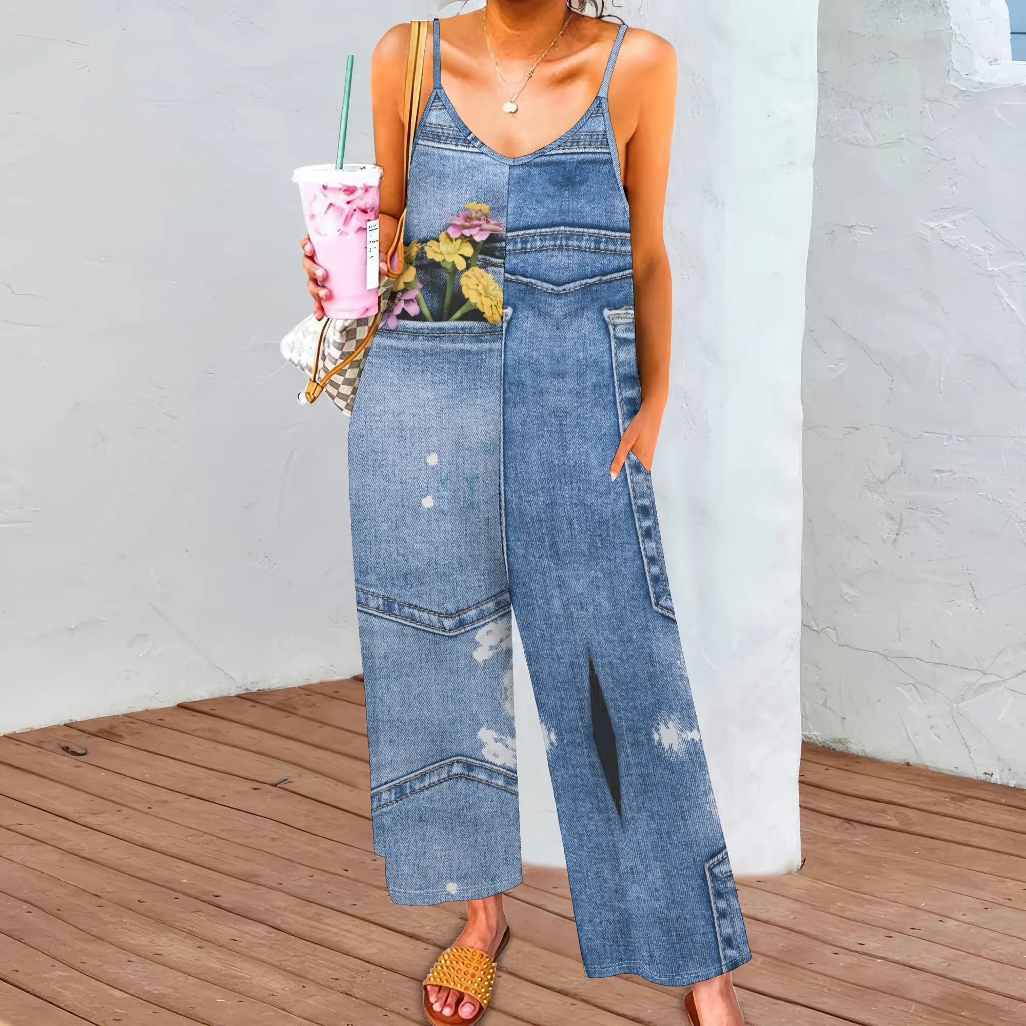 

Women's Purple Polka Dot Spaghetti Strap Pocket Jumpsuit Polyester Wide-Leg Ankle Casual Winter Playful