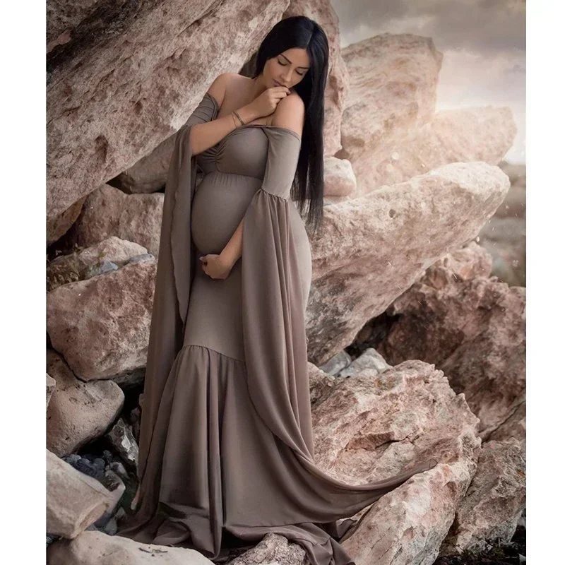 Vestido de ombro sem peça para gestantes, vestido de emenda, adereços fotográficos de maternidade, moda elegante