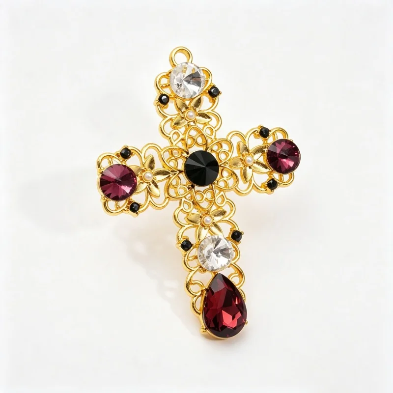 2Pcs Gothic gold hollowed out floral cross pendant inlaid with brown rhinestones DIY necklace bracelet making accessories