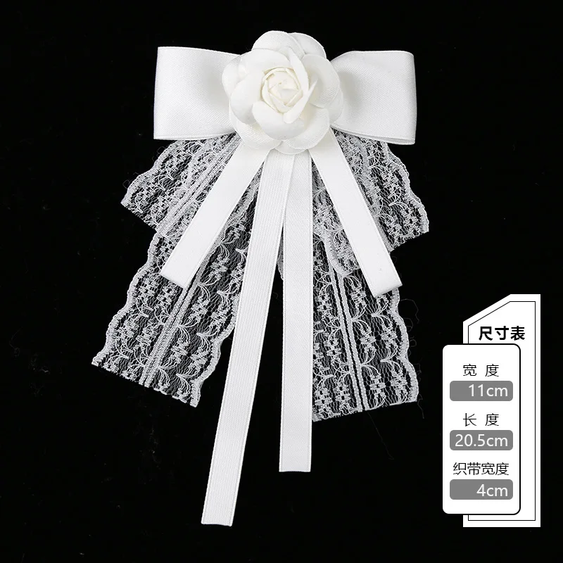 Fashion White Lace Ribbon Camellia Flower Brooches for Women Fabric Bow Tie Collar Pins College Style Necktie Jewelry Gifts