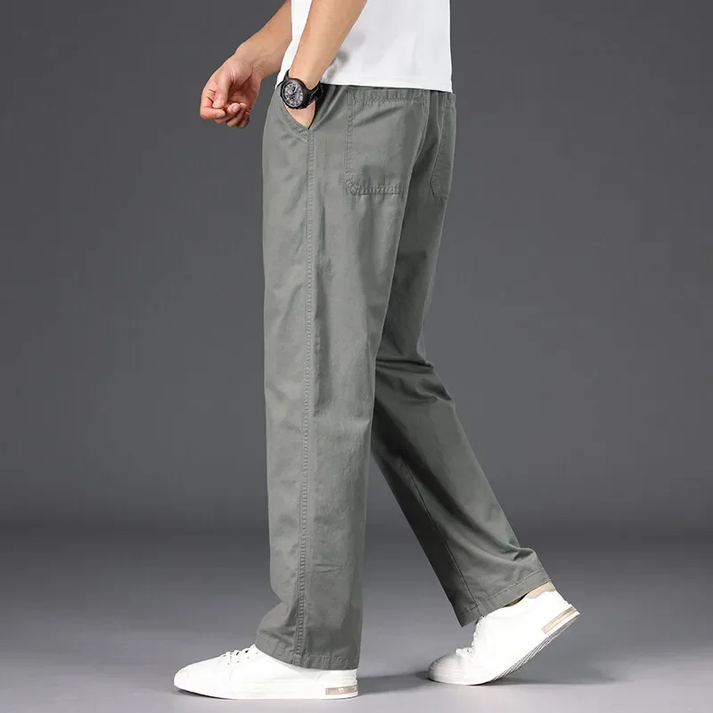 100% Pure Cotton Silky Thin Casual Pants for Men, Loose Straight Tube, Large Size, Wide Leg, Teenage Khaki Business Workwear Pan