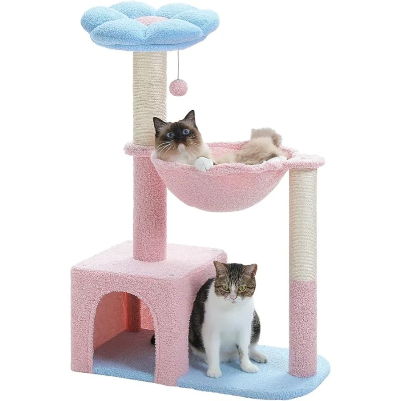 

Flower Cat Tree with Large Metal Frame Hammock, 35" Pink Cat Tower with Sisal Scratching Posts for Small Indoor Cats, Cat Condo