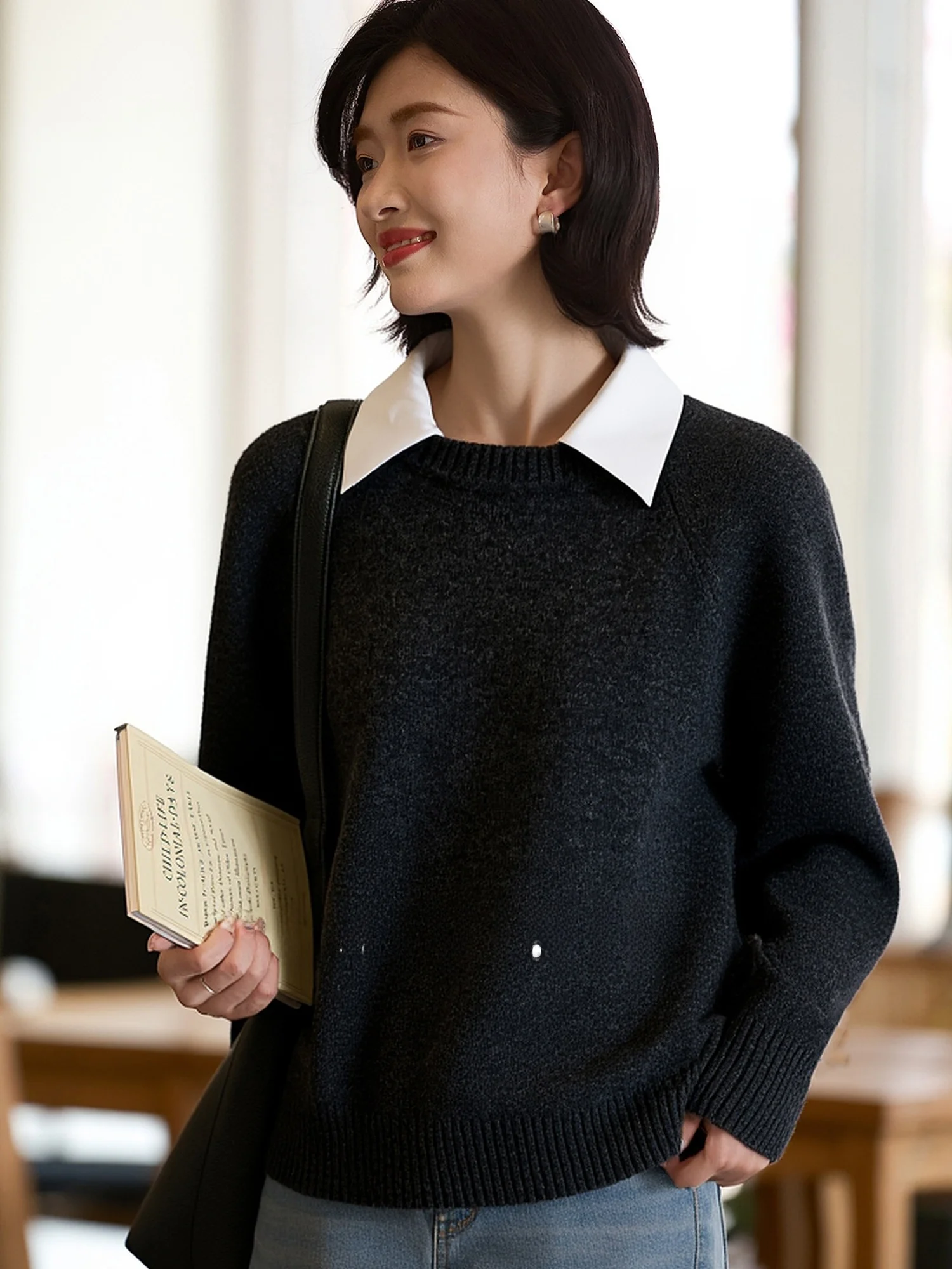 

Chivirin Красивый вязаный свитер из мериносовой шерсти для женщин, с длинным рукавом, имитация двухслойности, повседневный, весна-осень