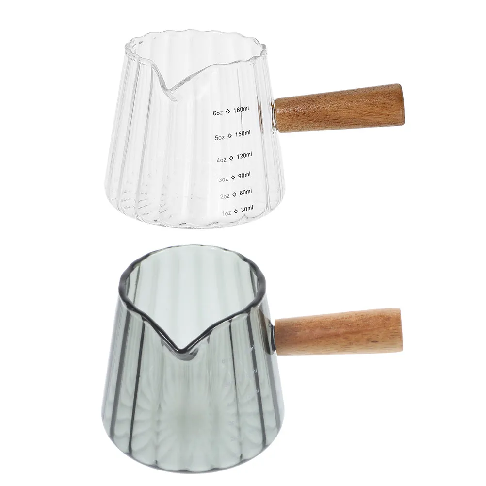 

2Pcs Clear Glass Milk Frothing Pitchers Wooden Handle Espresso Shot Glasses Multifunction Mini Creamer Cups Precise Measuring