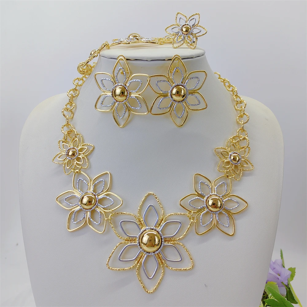 ESALE 18K Gold Plated Flower Jewelry Set For Women Luxury Full Necklace Earrings Bracelet Ring Wedding Banquet Jewelry Set 2026