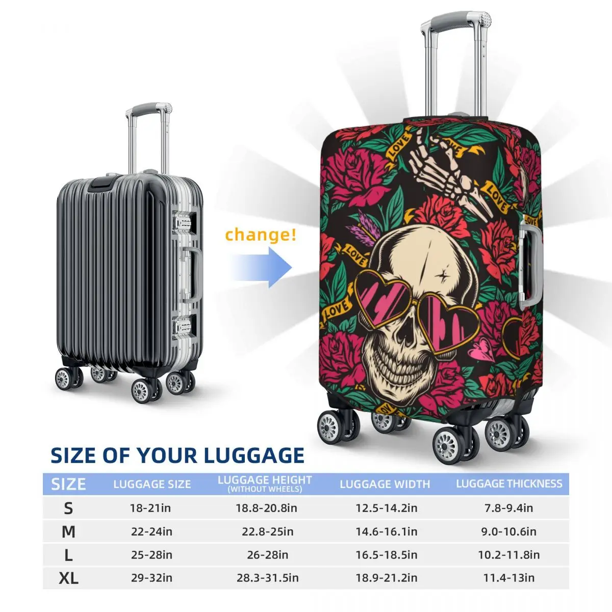 Love Skulls Print Suitcase Cover Vintage Valentine Day Holiday Cruise Trip Elastic Luggage Accesories Protector