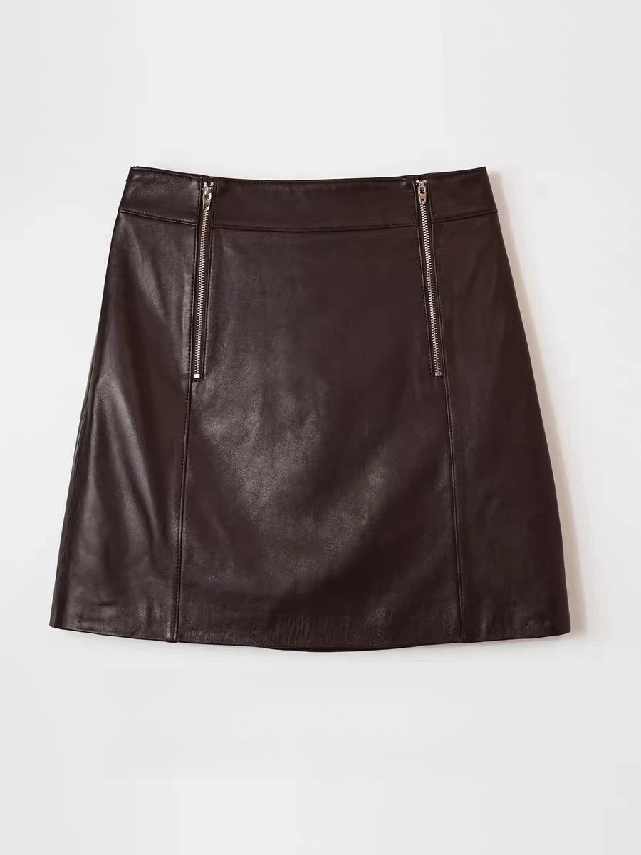 Woman Leather Clothing Lambskin Short  Female A-line Slim Fit Mini Skirt Red Jupe Femme Zipper Decoration Black Skirt Mini Skirt