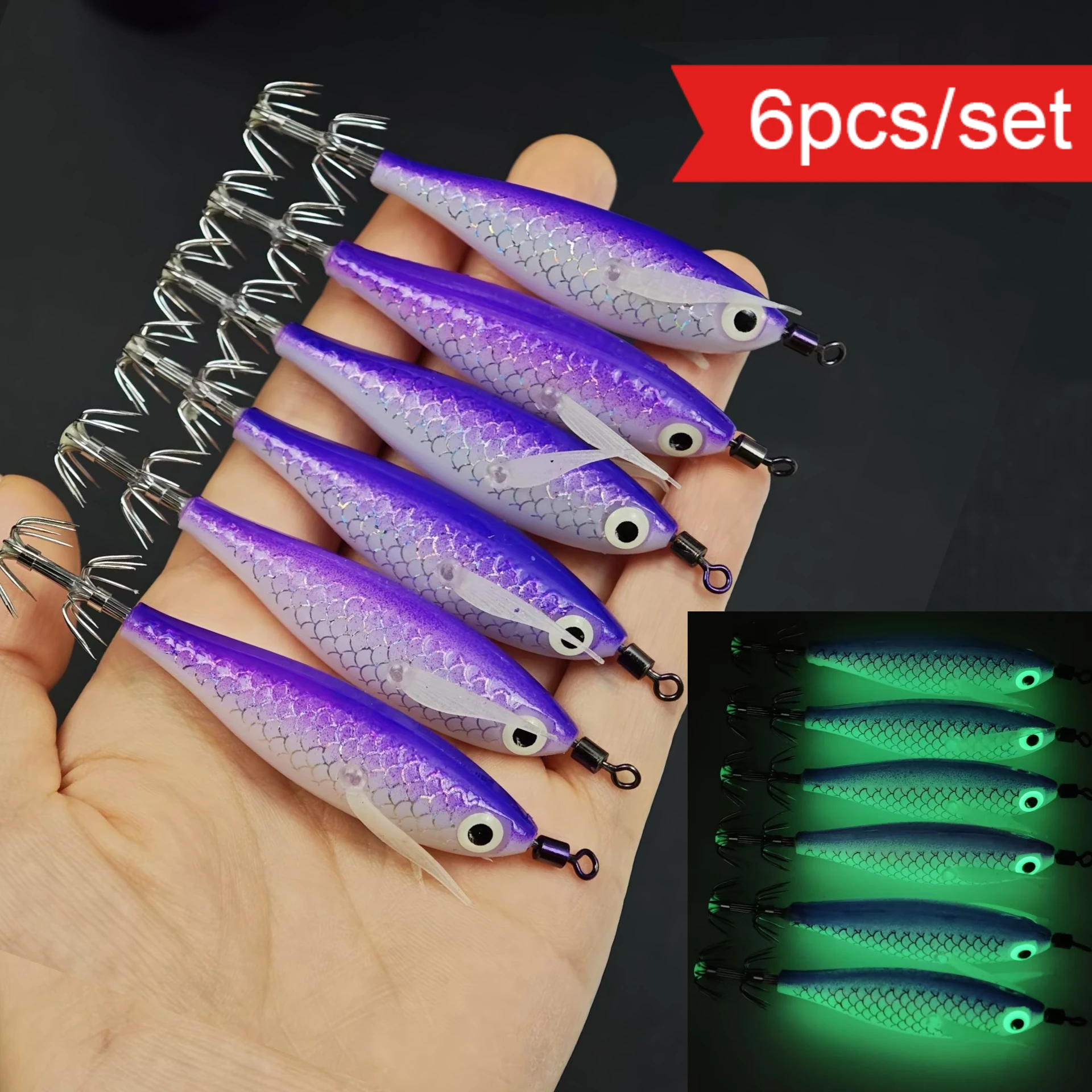 6pcs Squid Jig 8cm Luminous Fishing Tackle Horizontal Shrimp Squid Jig Realistic Lure Sea Octopus Cuttlefish