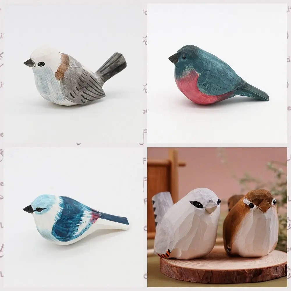 Desktop Ornament Cute Wood Carving Bird Mini Carving Small Bird Ornament Painting Handmade Wooden Bird Figurine Birthday Gift