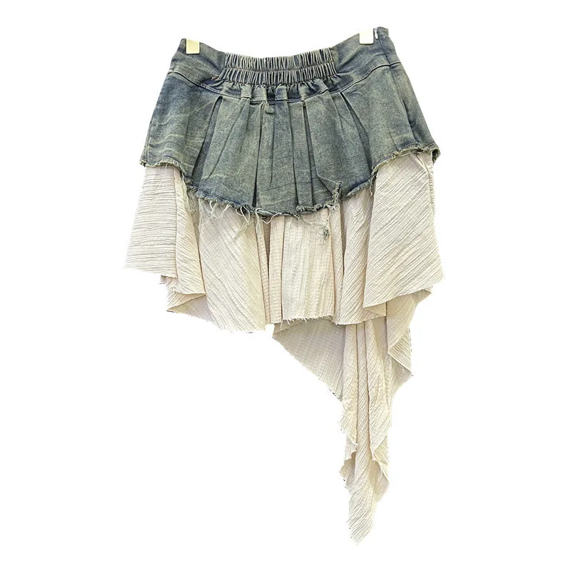 

Patchwork Denim Pleated For Women, Summer New Fashionable High-Waisted Slimming A-Line Short Skirt