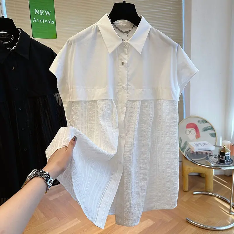 

Fashion Women Clothing Splicing Solid Color Fly Sleeve Chiffon Shirt for Women Summer New Short Sleeved Temperament Slimming Top
