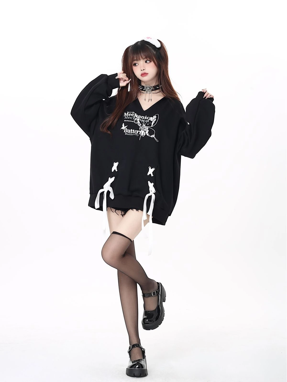 Sweatshirts Women Autumn Lace-up Chic Loose Fit V-neck Vintage Hotties Sweet Girls Fashion Streetwear Bufferfly Soft All-match