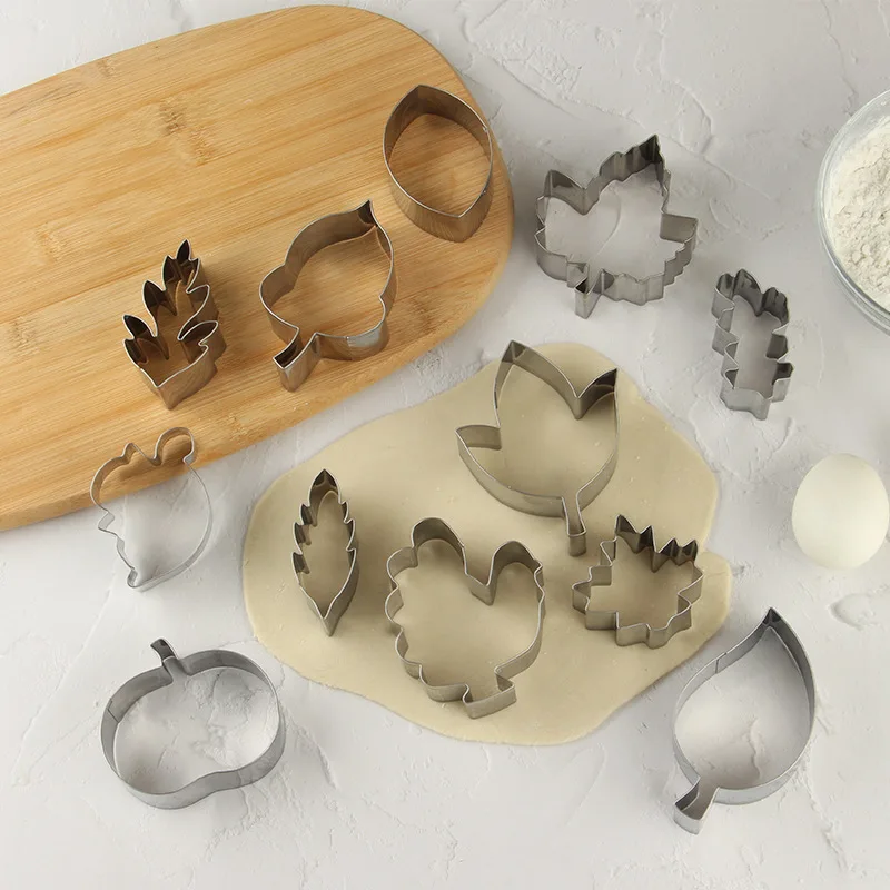 DIY12Pcs Set Fondant Leaf Cake Mold Thanksgiving Cookie Cutters Stamper For Biscuit Pastry Mousse Baking Decoration Tools