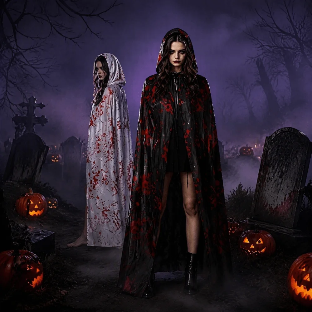 Hooded Design Blood Splatter Hooded Cloak Stretchy Fit Lightweight Cosplay Costume Cloak Polyester Breathable Full Length Cape
