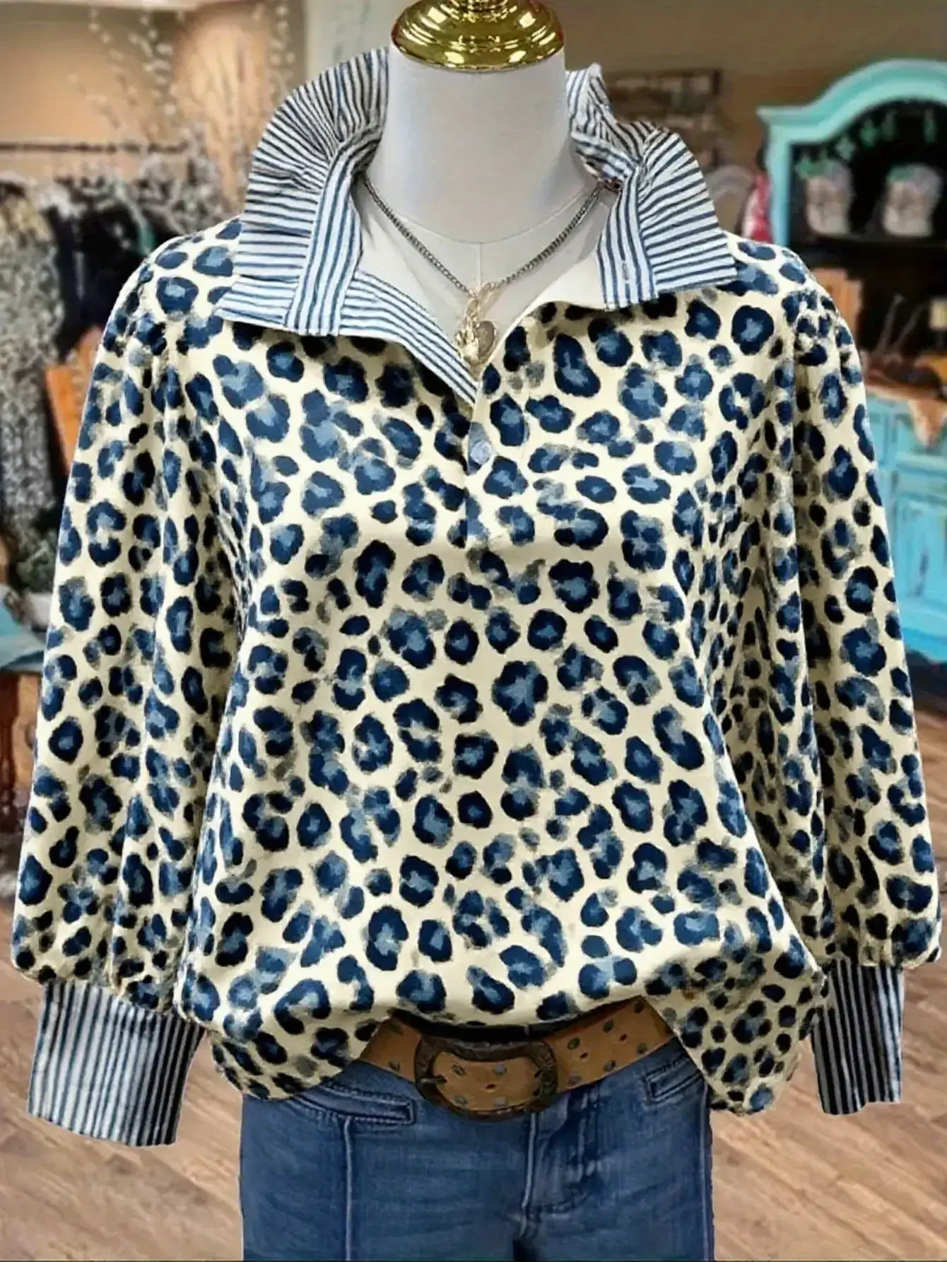 2026 Women's striped personalized fashion shirt, multi-color striped collar, half button pattern, Leopard print top