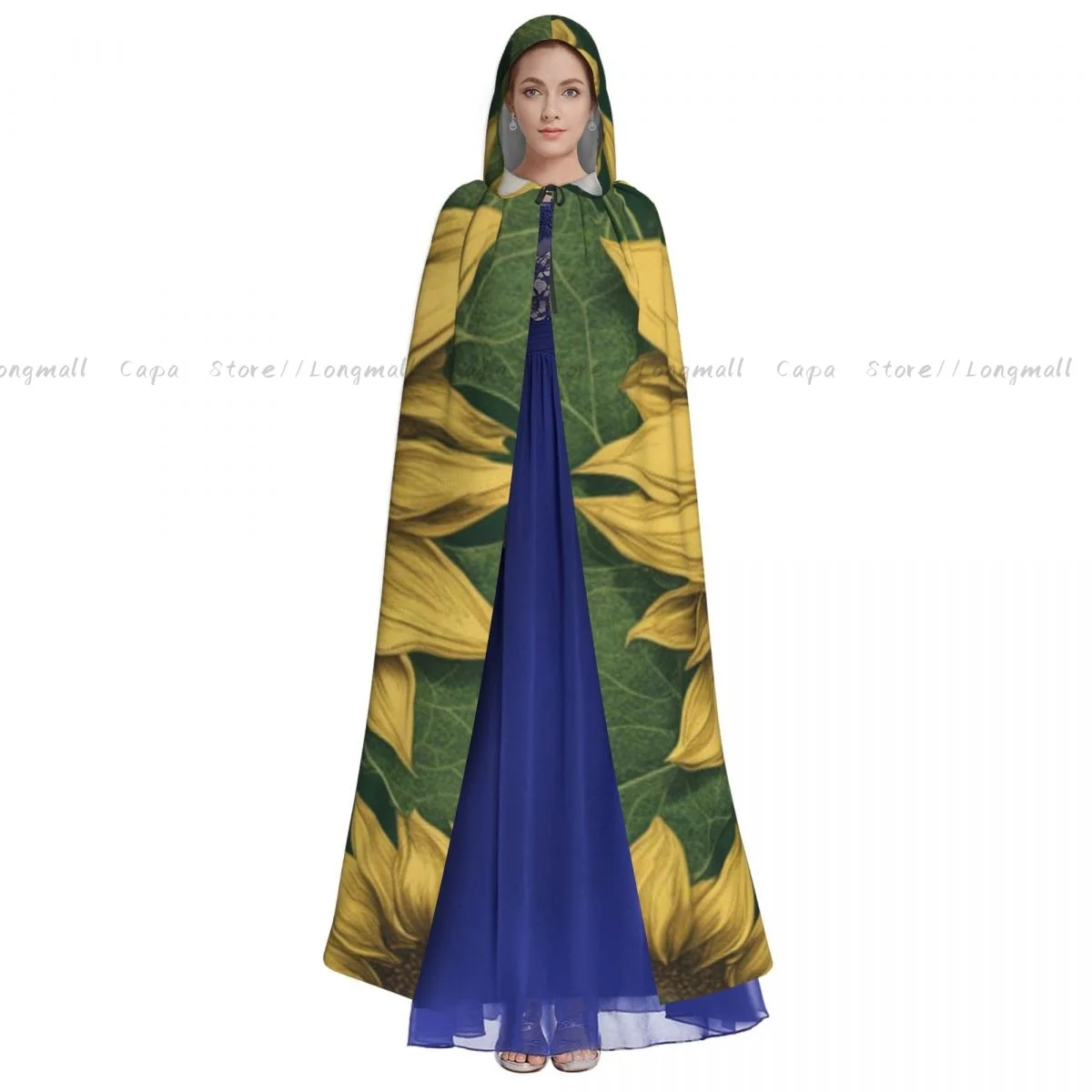 Adult Halloween Retro Sunflowers Background Cloak Cape Hooded Medieval Costume Full Length Dress Coat