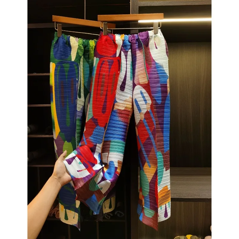 

Плиссированные брюки Miyake 2026: летние, с цветовыми блоками и нестандартным принтом, повседневные, свободные, утягивающие, укороченные, женские