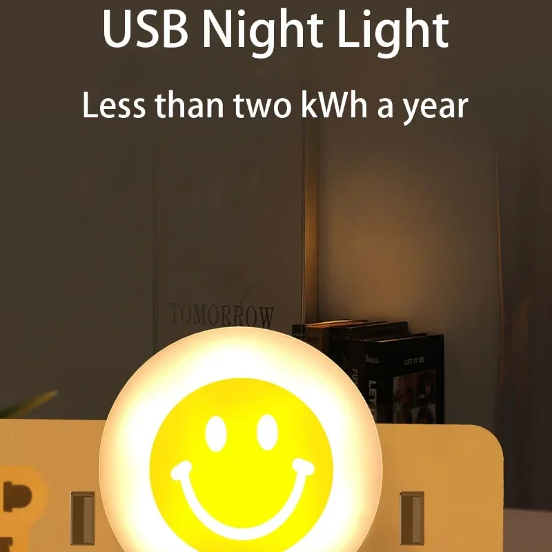 USB Night Light Smile Face Lamp Portable Mini LED Bedside Lantern Book Lights Computer Mobile Power Charging Lighting Kids Gift