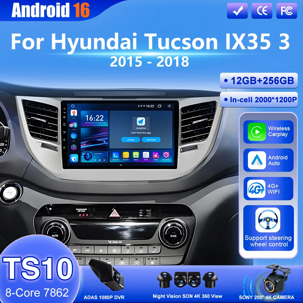 

Автомагнитола Android 16 для Hyundai Tucson IX35 3 2015-2018 с GPS-навигацией, CarPlay, мультимедиа, видеоплеером, 4G и Wi-Fi