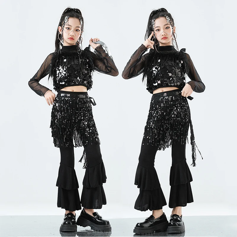 Roupa de palco infantil para dança de jazz, colete preto com lantejoulas, calças largas, fantasia de performance de passarela, roupas de dança de rua kpop 3281