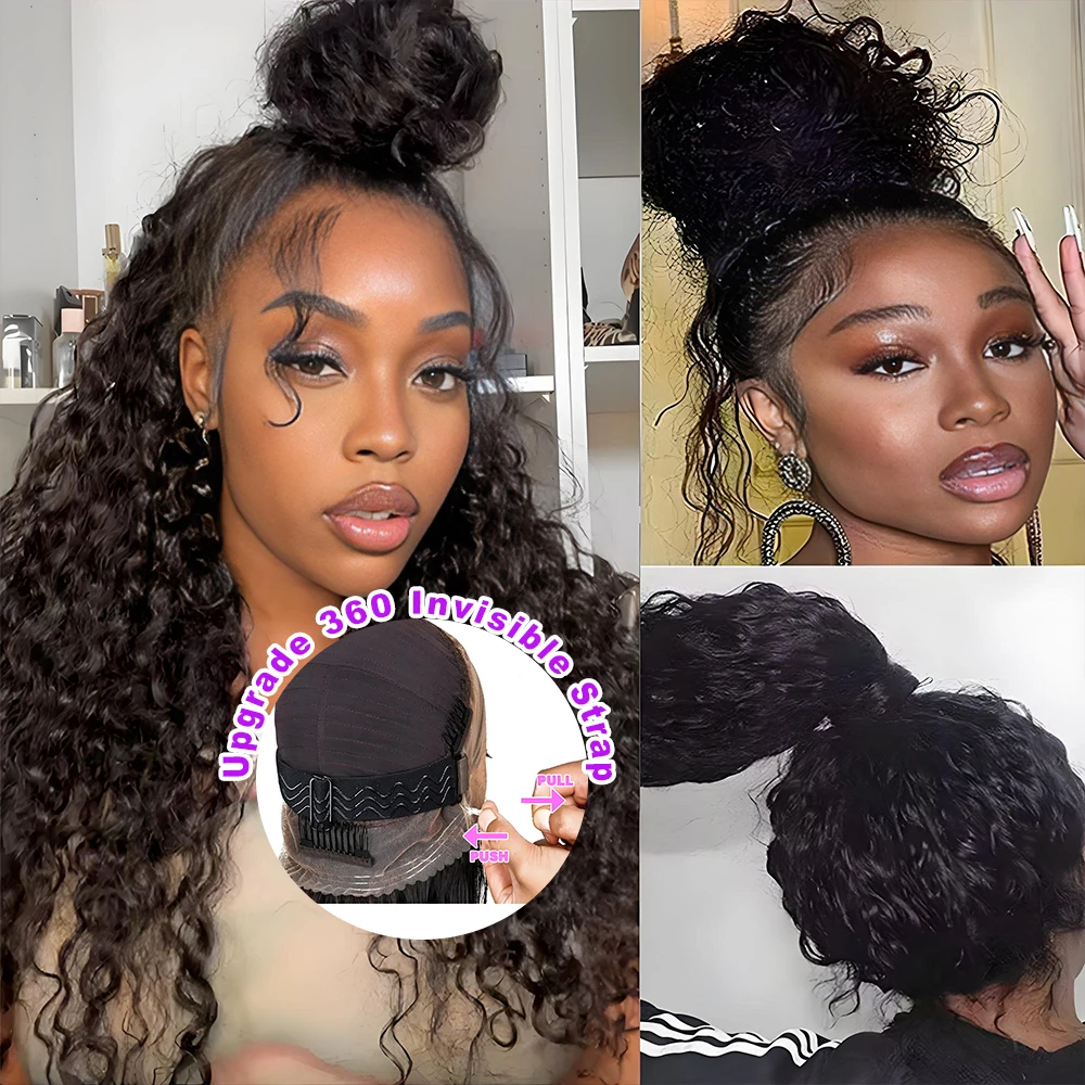 

250 Density Invisi Strap 360 Full Lace Frontal Kinky Curly Wig 30 inch Black Human Hair Drawstring Snug Water Wig Preplucked