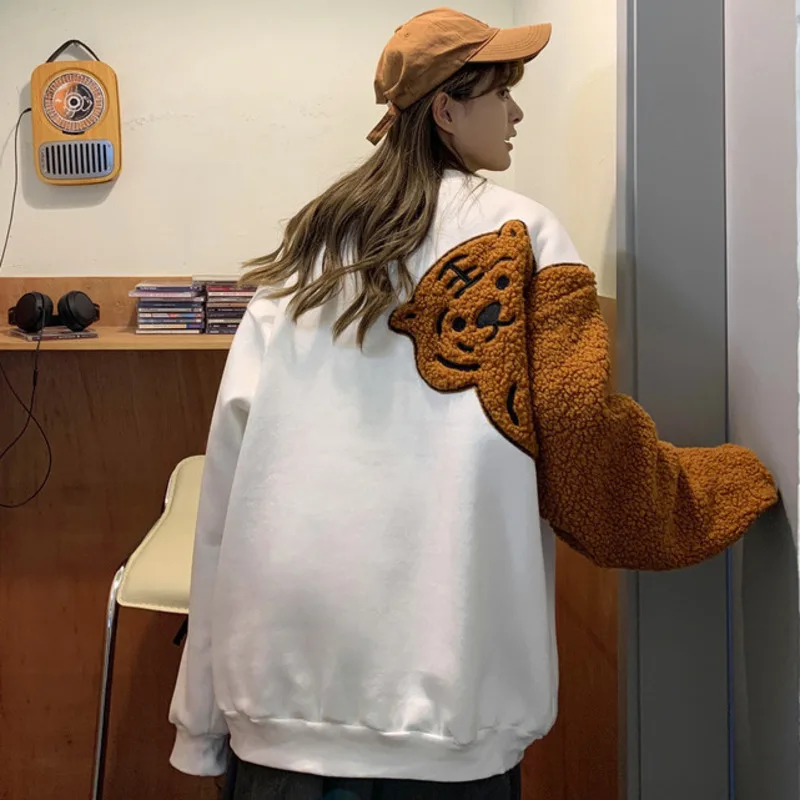 2024 Spring Newest Hoodies Fashion Streetwear Women Tiger Flocking Asymmetry Embroidery Sweatshirt Couple Matching Pullovers