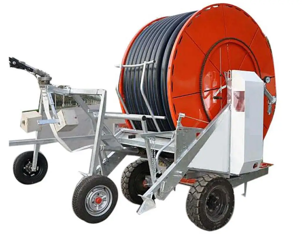 Portable metal mobile hose reel sprinkler system for adjustable lawn garden and farm irrigation