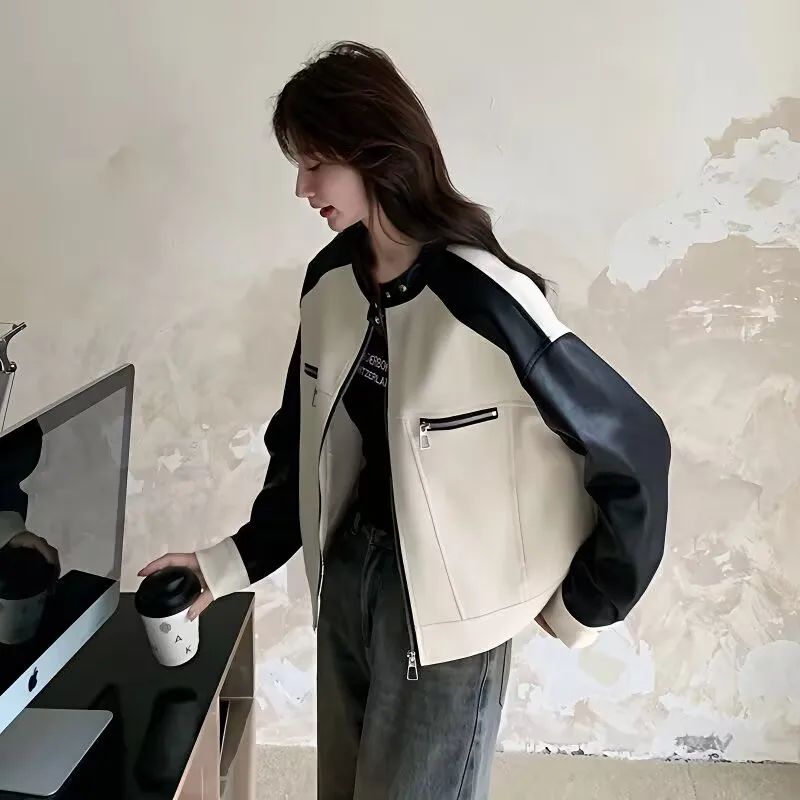 ربيع الخريف السيدات المرقعة بولي معطف معطف جلد ريترو المرأة موضة فو الجلود أبلى 2025 فام الترفيه المرقعة القمم سترة