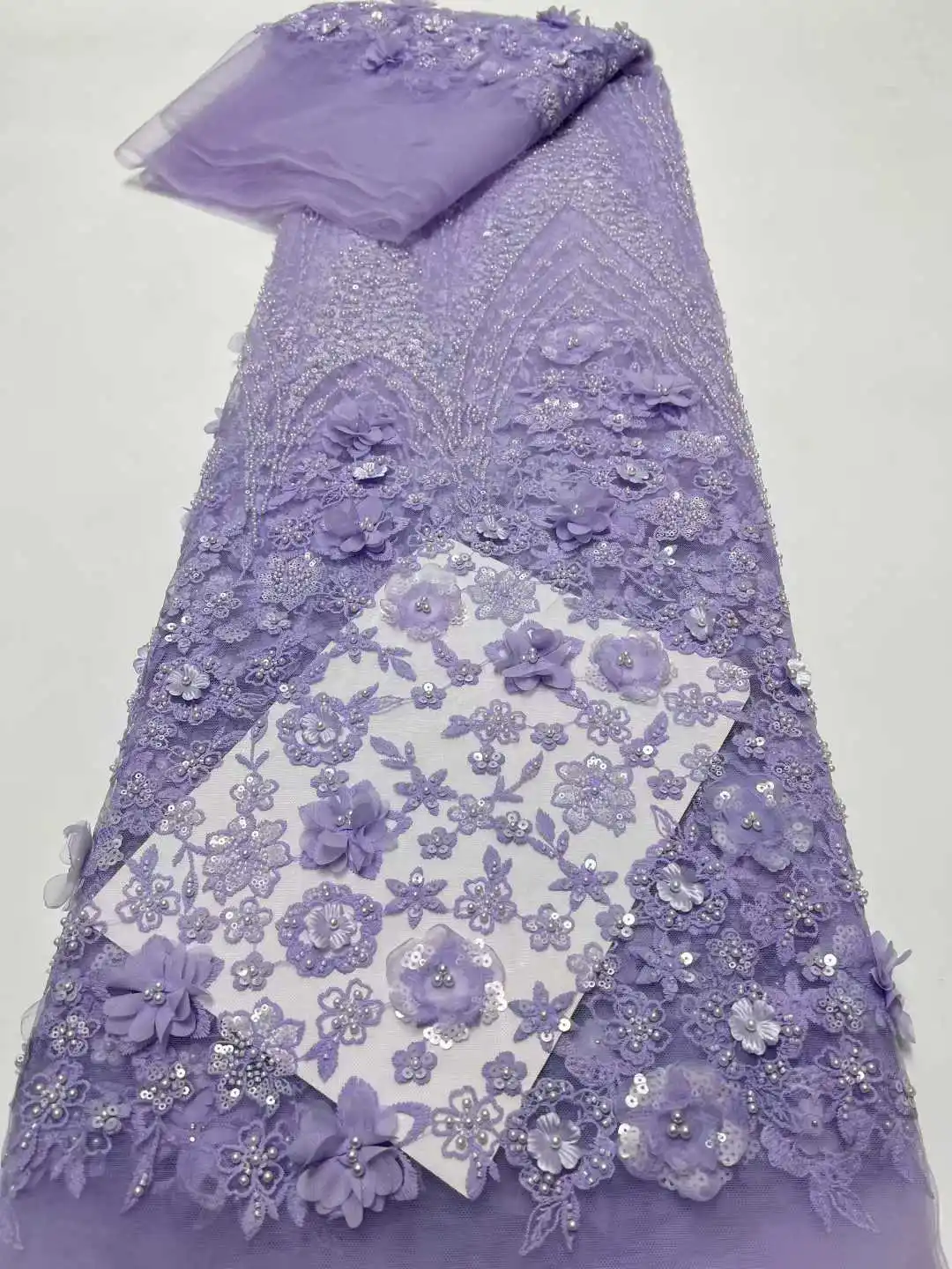 

3D Flower Fashion African Beaded Lace Fabric 5 Yards Peach French Sequined Embroidered Mesh Lace Fabric Wedding Party Dress