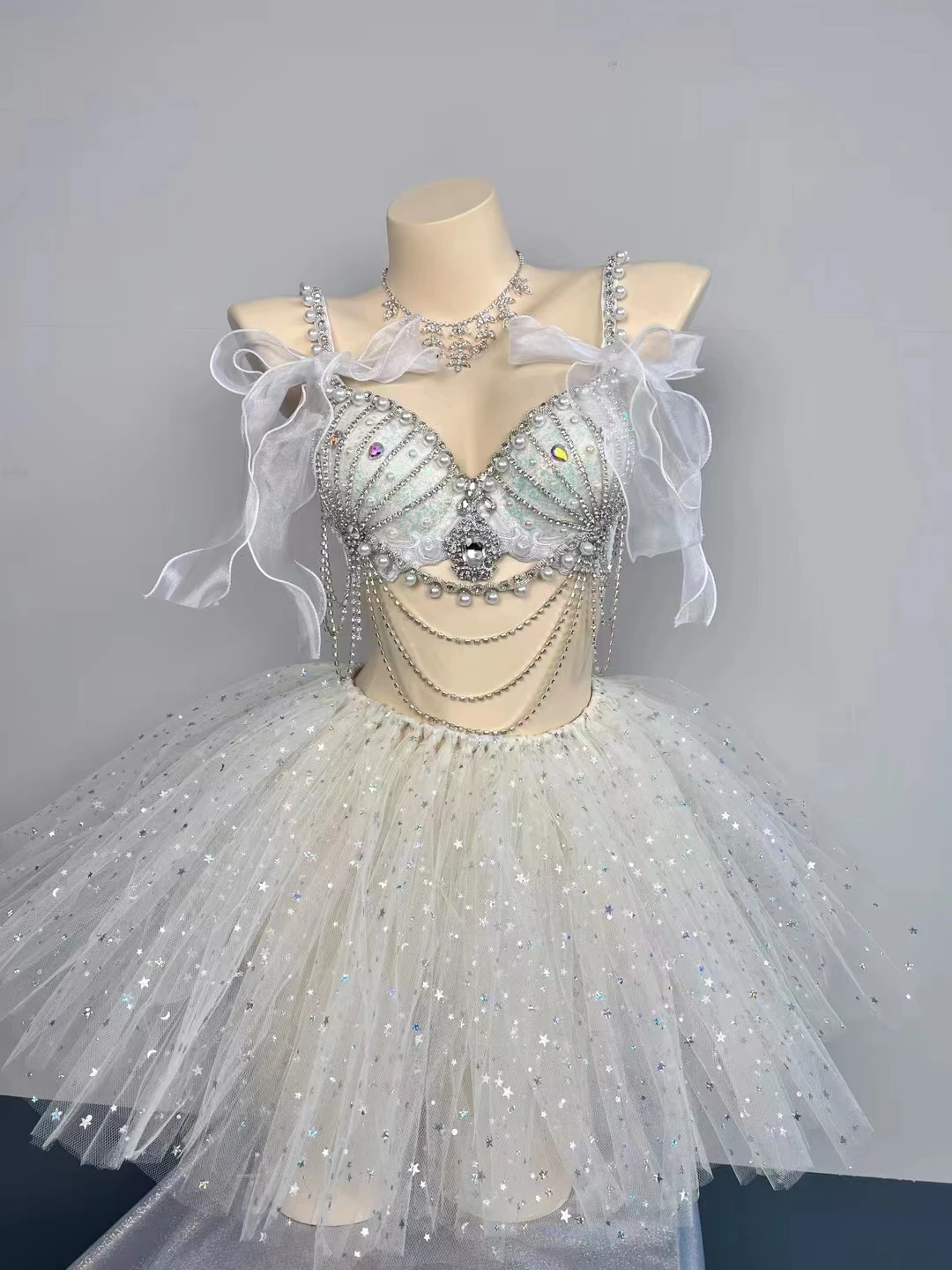 Fantasy Mermaid Rhinestones Pearl Shell Bikini Top Gauze Tutu Skirt Performance Clothes Music Festival Stage Disco Dance Costume