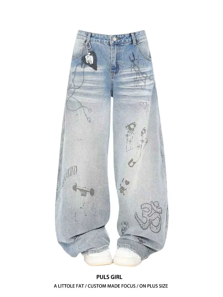 

Washed American Style Graffiti Denim Jeans Women's Loose Slimming Casual Wide Leg Long Pants High Waist Straight Tube Trousers