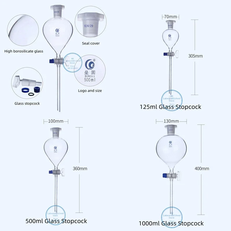 1PCS 60ml To 1000ml Clean Lab Glass Ball-shaped Separating Funnel with Glass/PTFE Piston