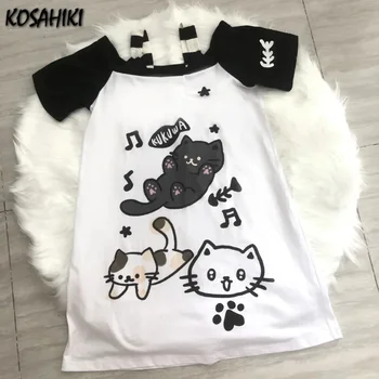 Kawaii Nette Cartoon Print T-shirt Japanische Patchwork Frauen Off Schulter Kurzarm Top Sommer Y2k Ästhetische Süße Grunge Tees