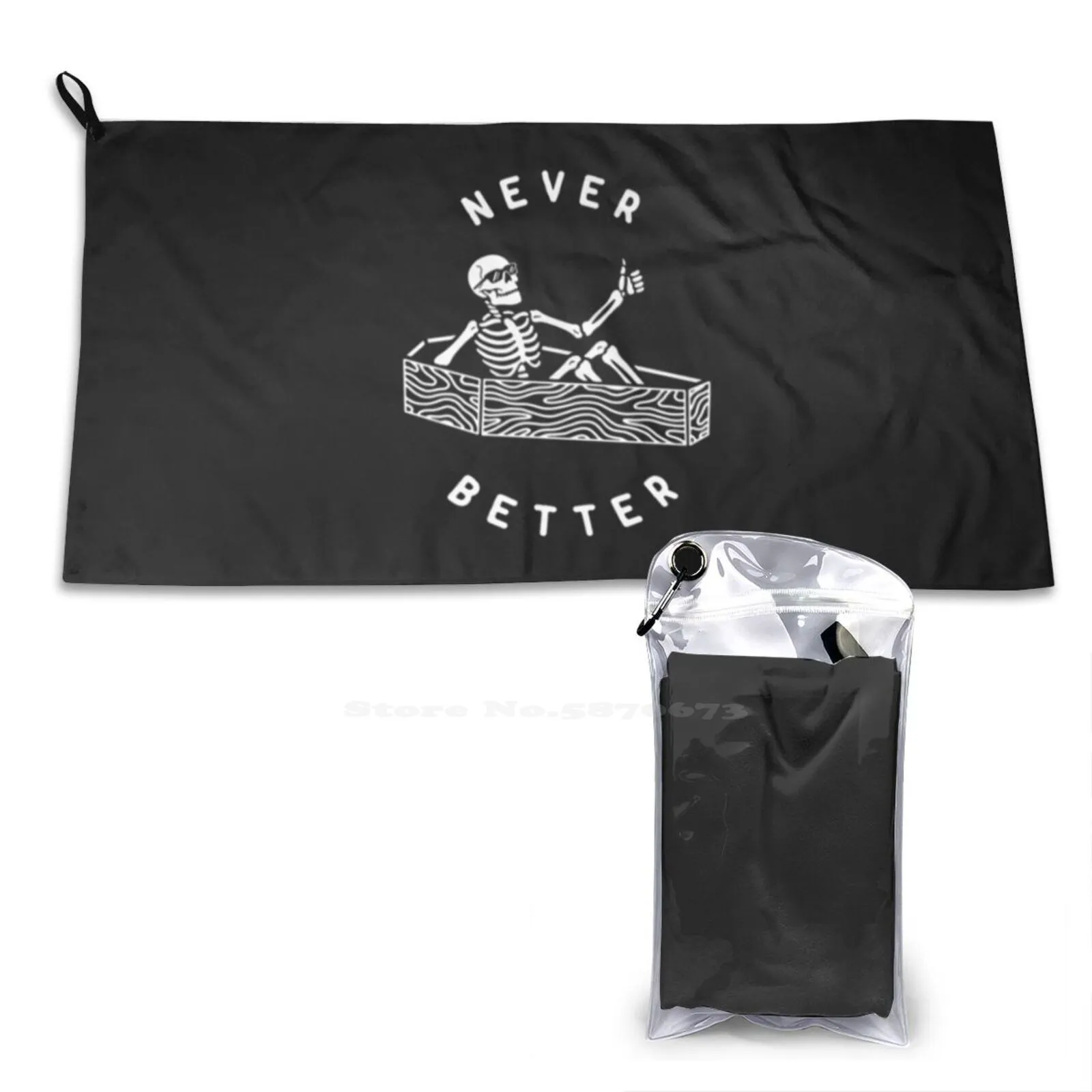 Never Better Soft Comfortable Bath Towel Outdoor Typography Black And White Skull Dead Skeleton Coffin Dark Humor Funny Death